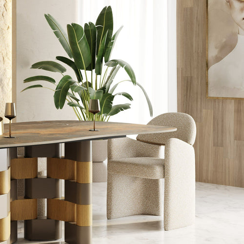 Ashley -  silla de comedor tela beige, detalle en latón